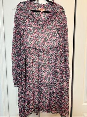 EVRI Navy Blue Floral Tiered Smock Dress with Pink Blooms